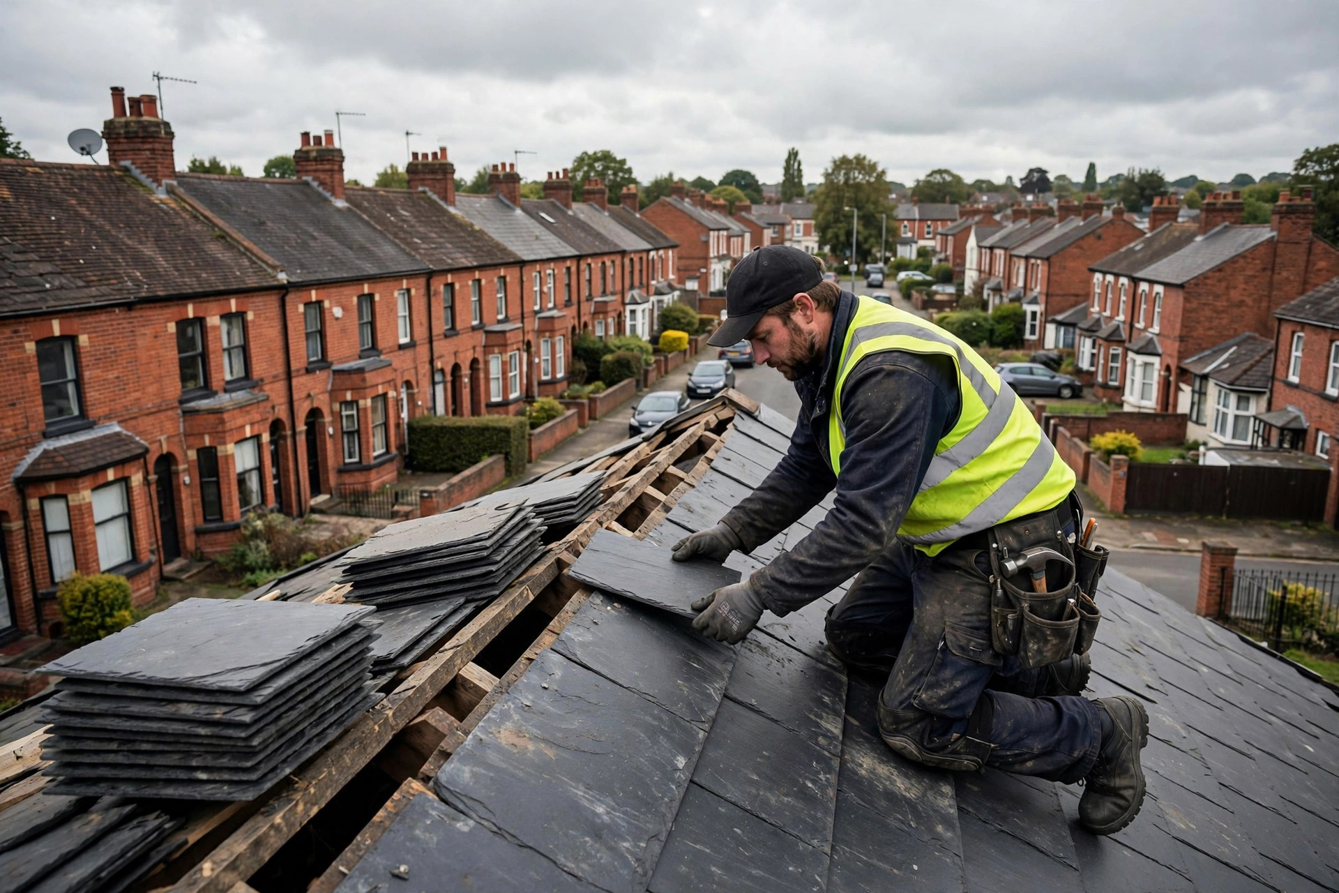 Roofer installing slate tiles on a Birmingham roof