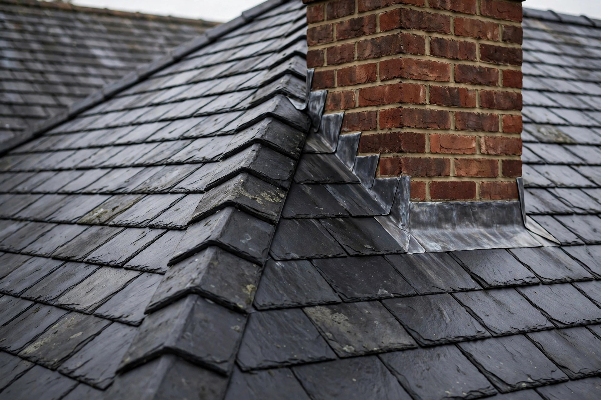 Finished slate roof with lead flashing and brick chimney