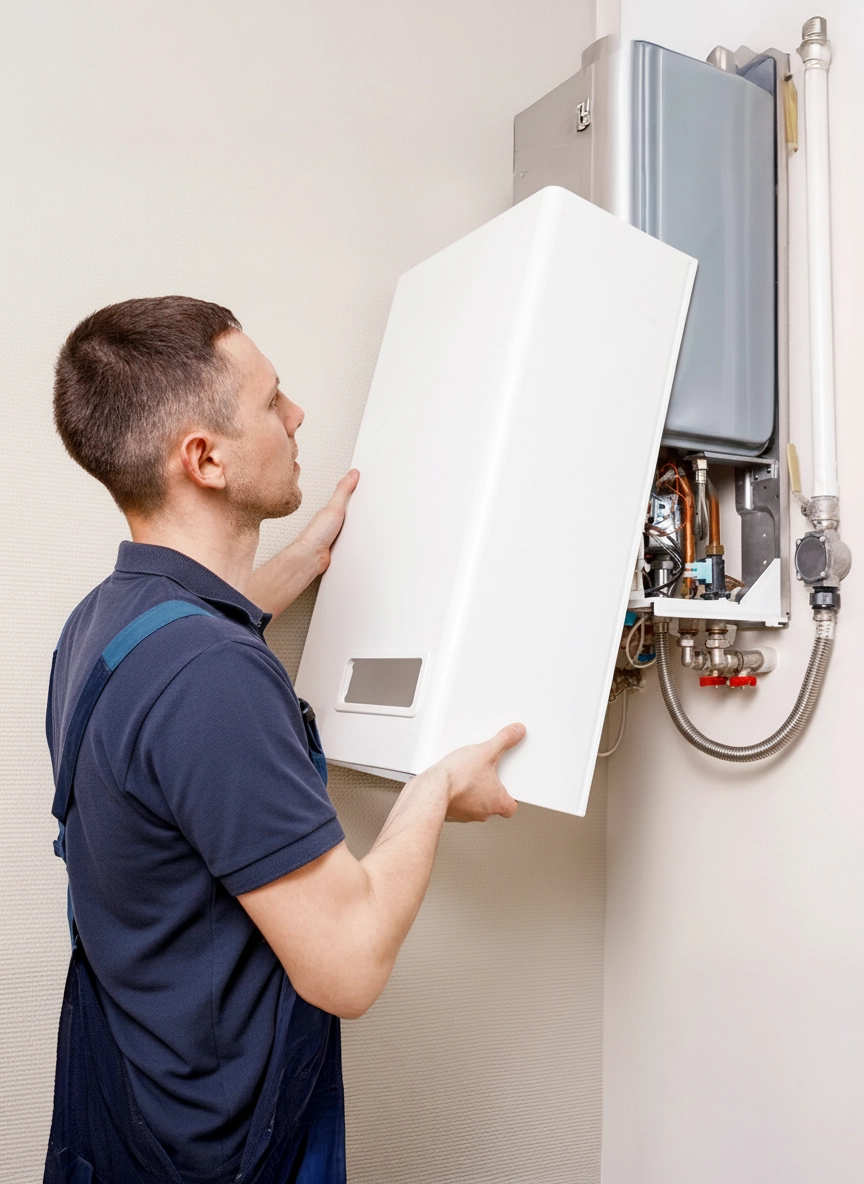 Engineer installing a domestic boiler