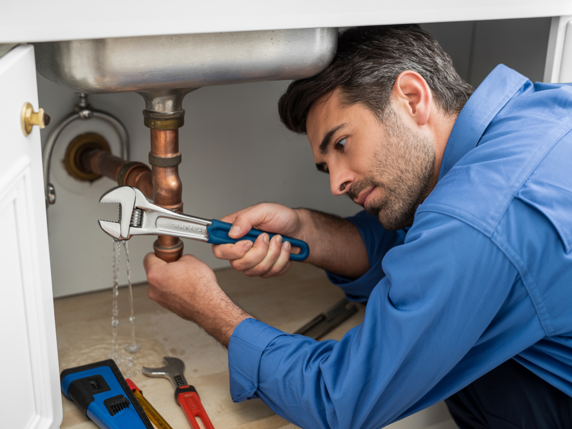 Plumber repairing a leaking pipe