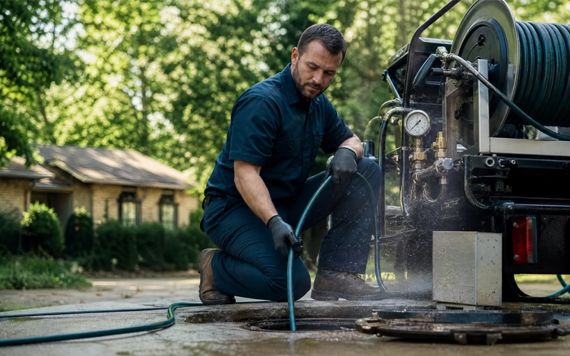 Hydro-jetting equipment clearing a drain