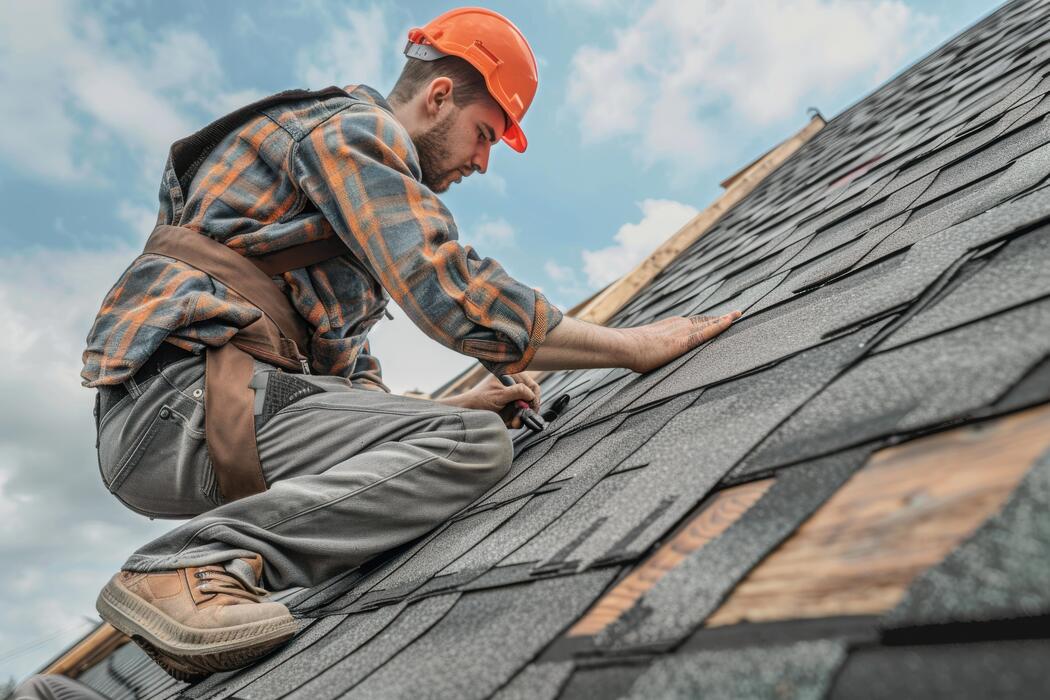 Roofer installing asphalt shingles on a sunny afternoon