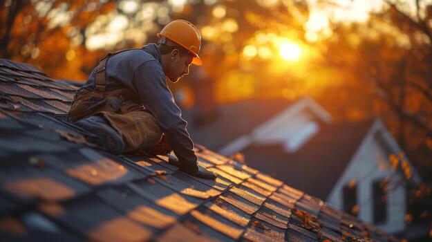 Roofer inspecting shingles on a house roof at sunset