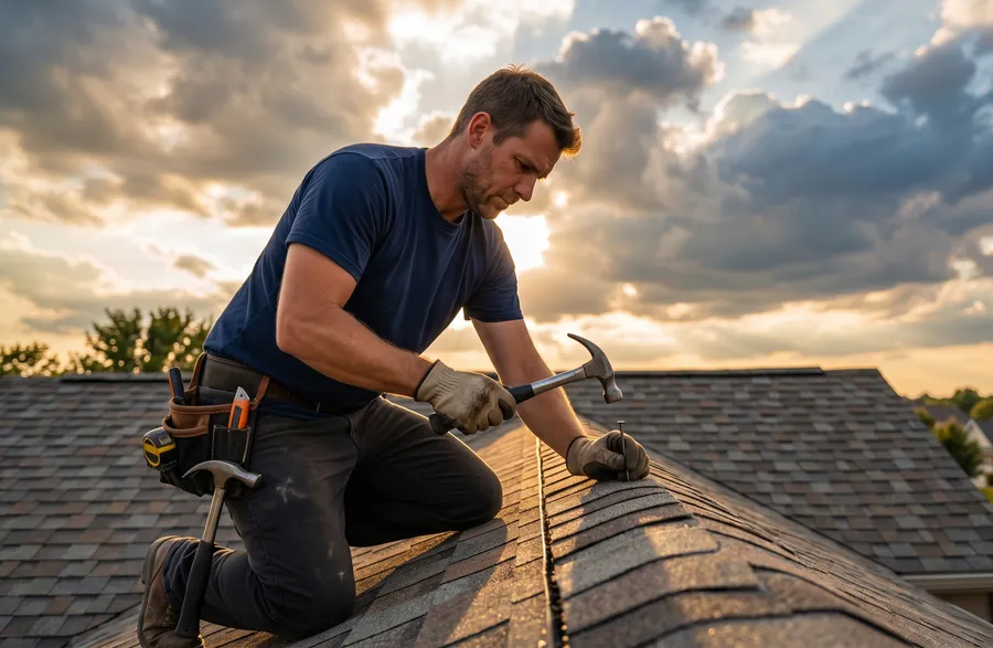 Roofer working on a residential roof at golden hour