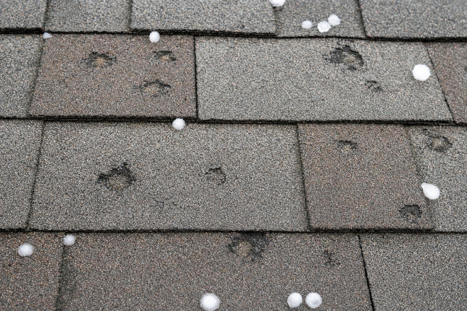 Hail-damaged asphalt shingles close up