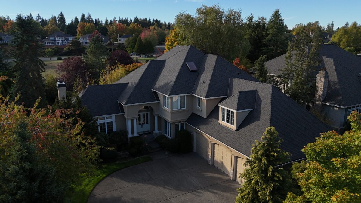 Aerial view of a new residential roof installation