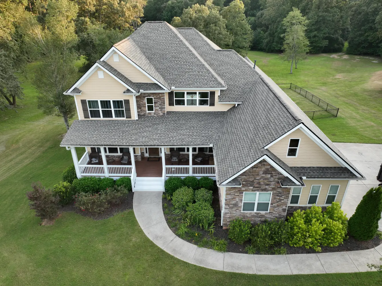 New shingle roof on a suburban home from above