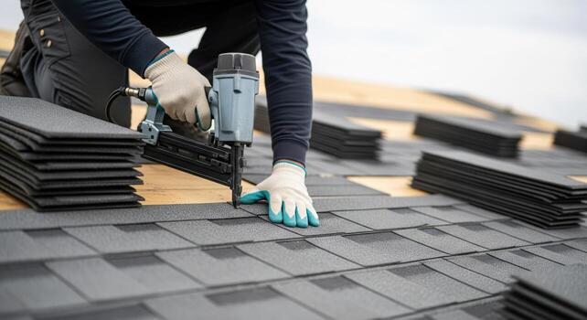 Roofer installing shingles with a nail gun