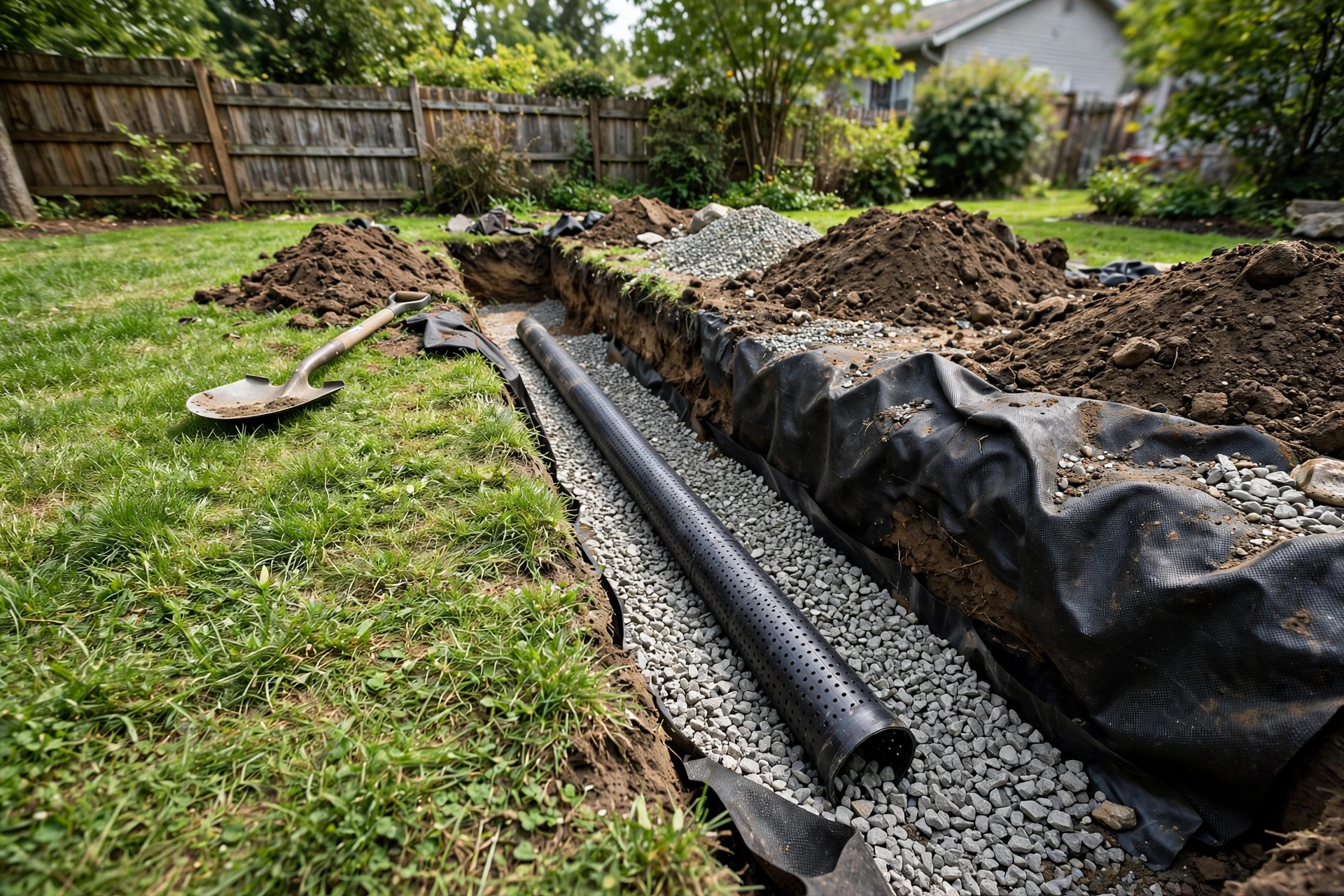 French drain trench with perforated pipe