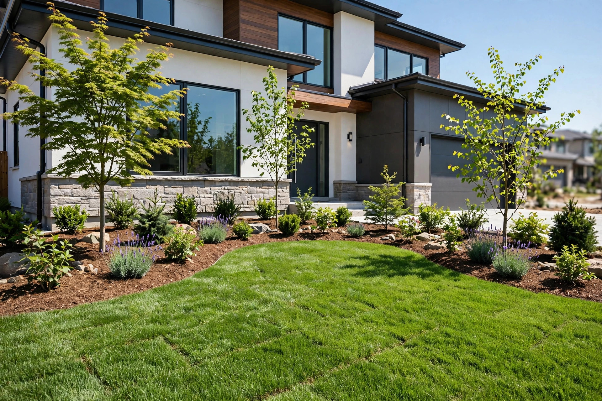 New-build front yard with fresh sod