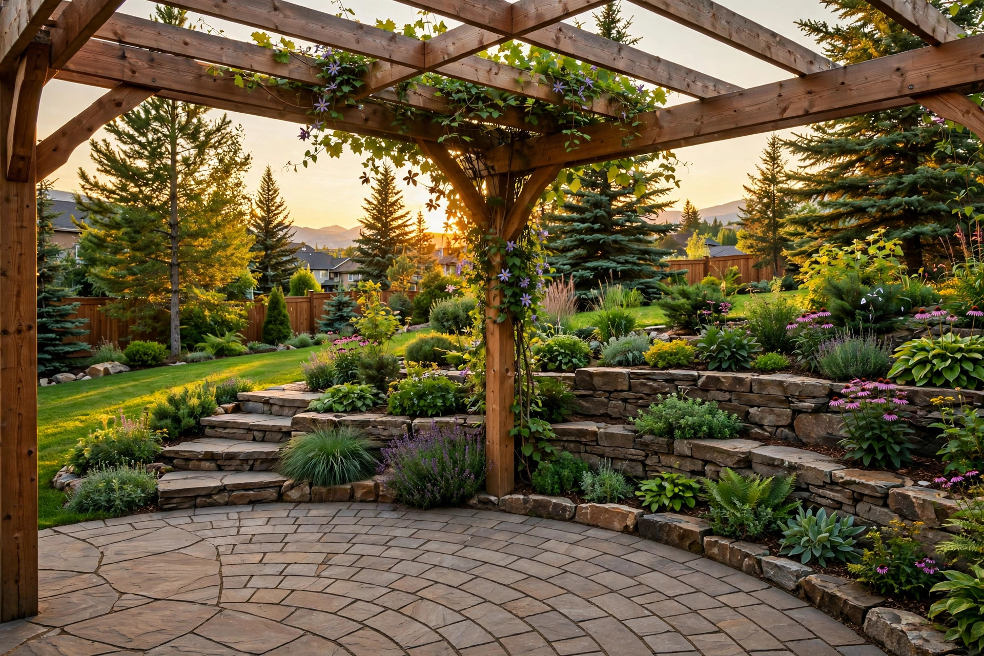 Paving stone patio with pergola