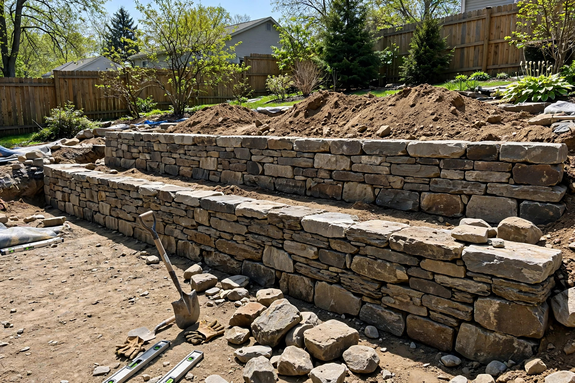 Tiered stone retaining wall under construction