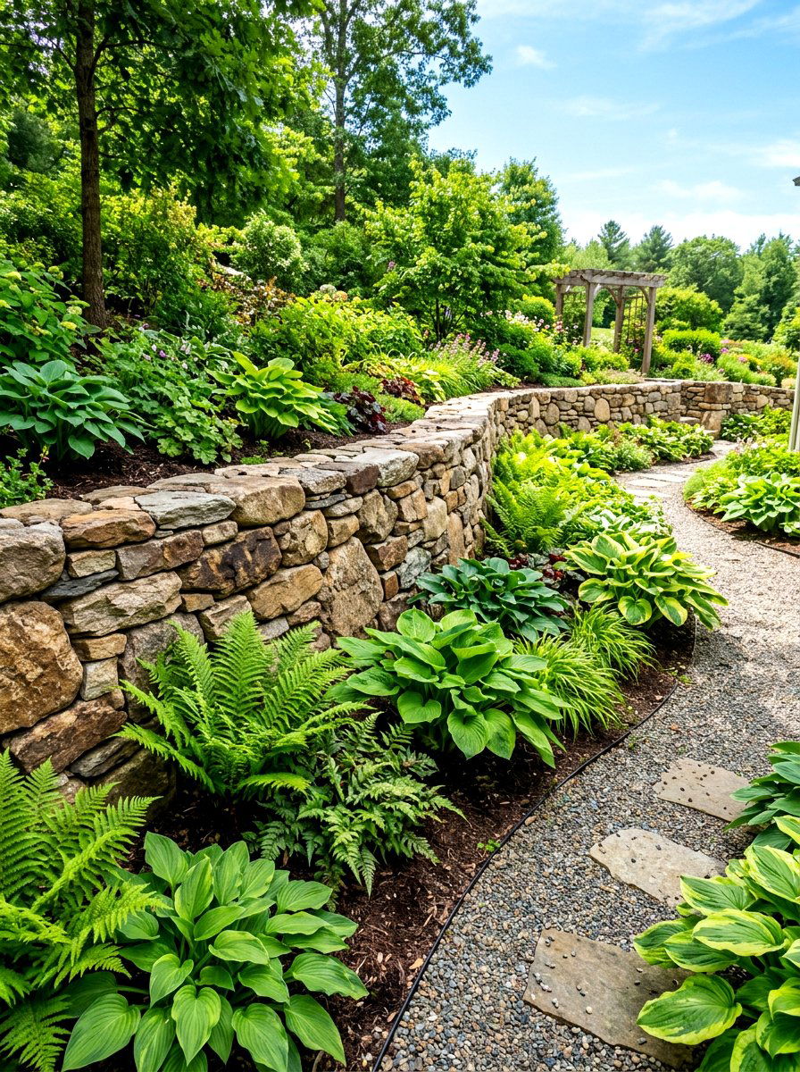 Tiered garden with stone retaining wall