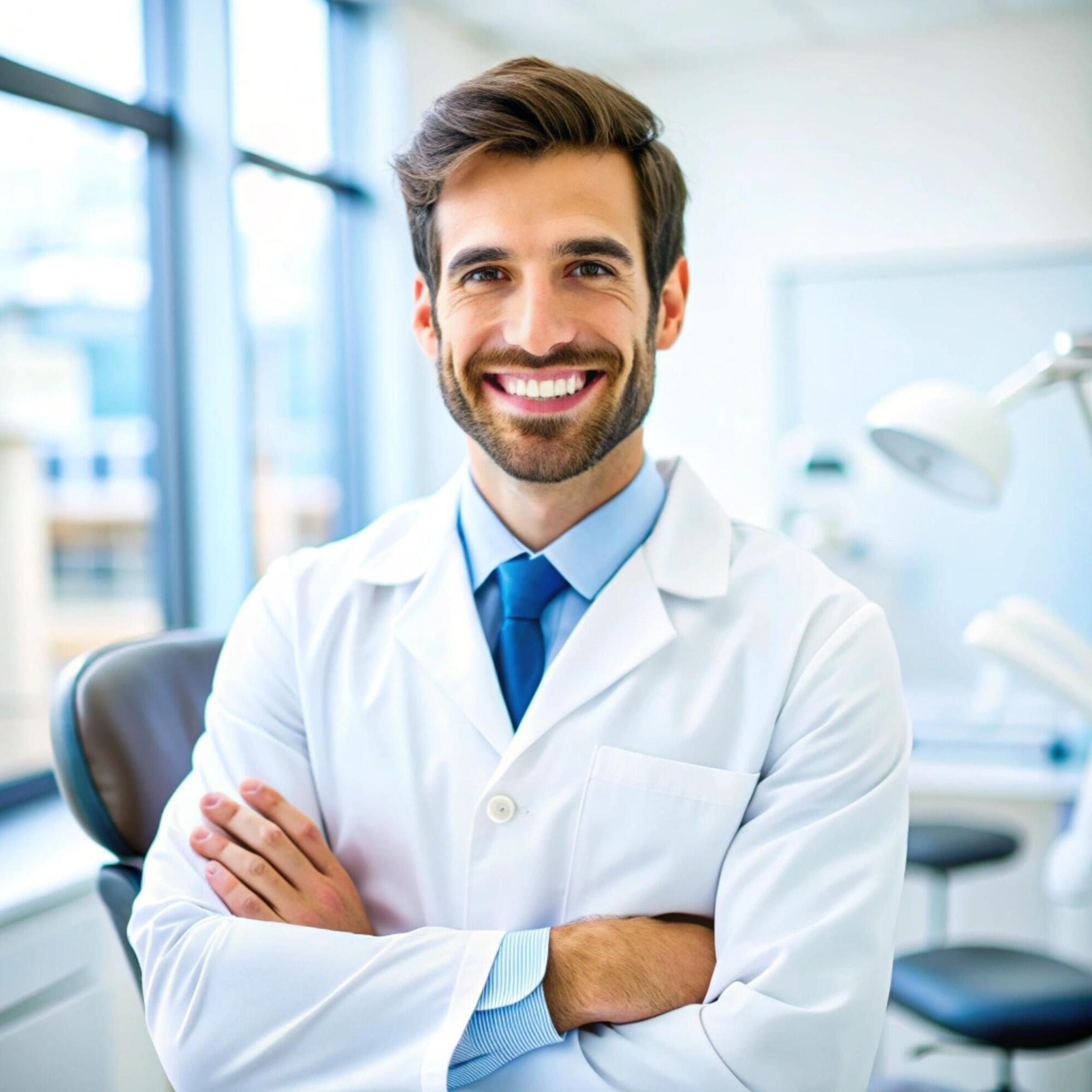 Smiling dentist in a bright modern clinic