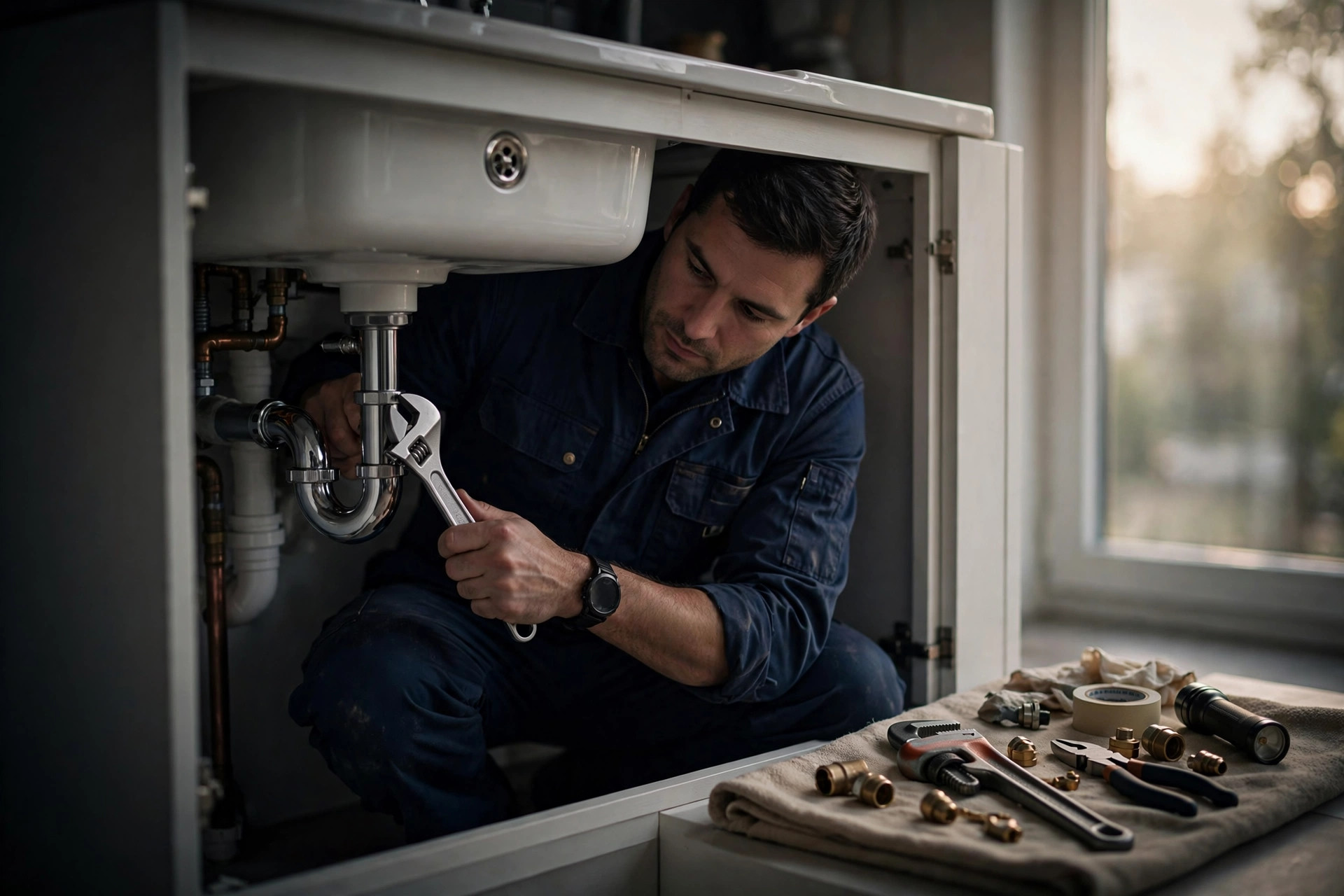 Aberle plumber repairing a sink in a Houston home