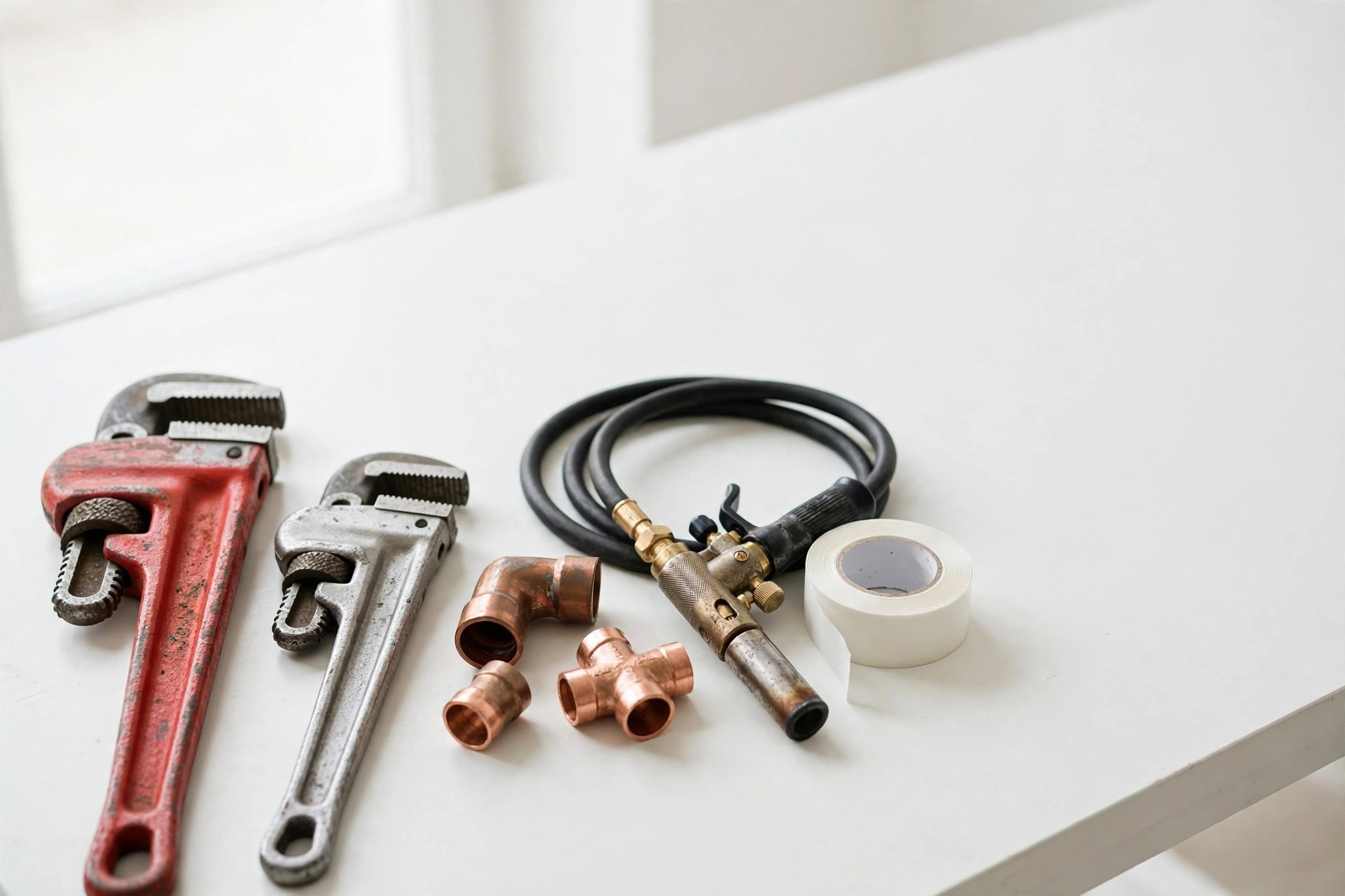 Plumbing tools arranged on a workbench