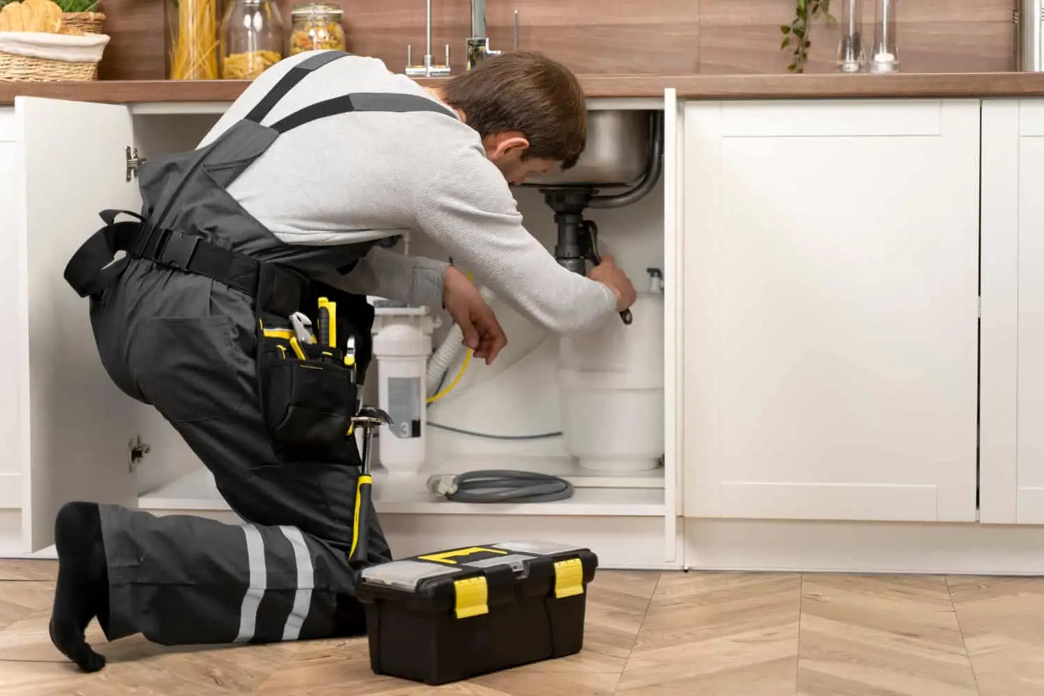 Plumber repairing a sink drain