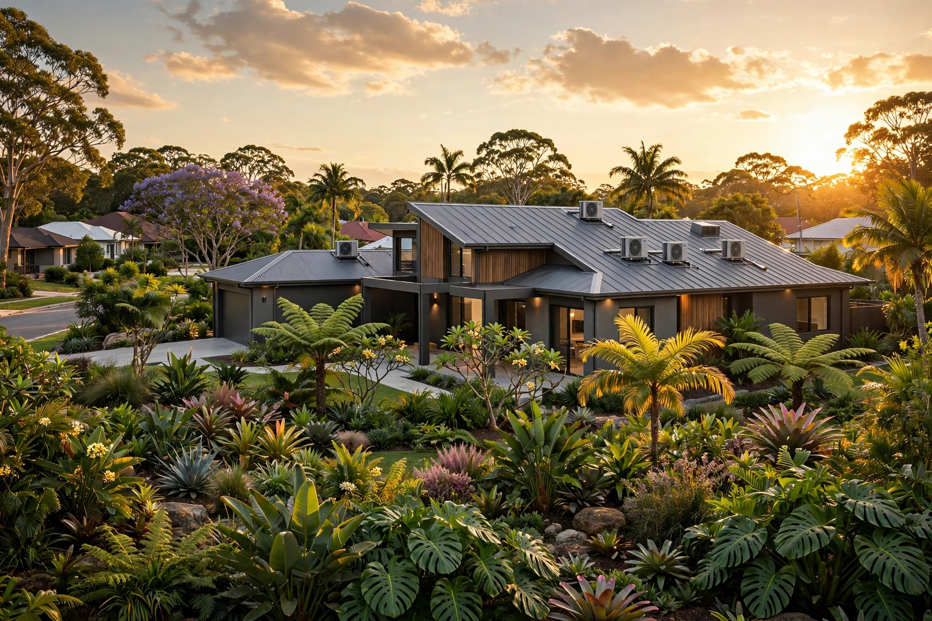 Brisbane home with modern air conditioning at golden hour