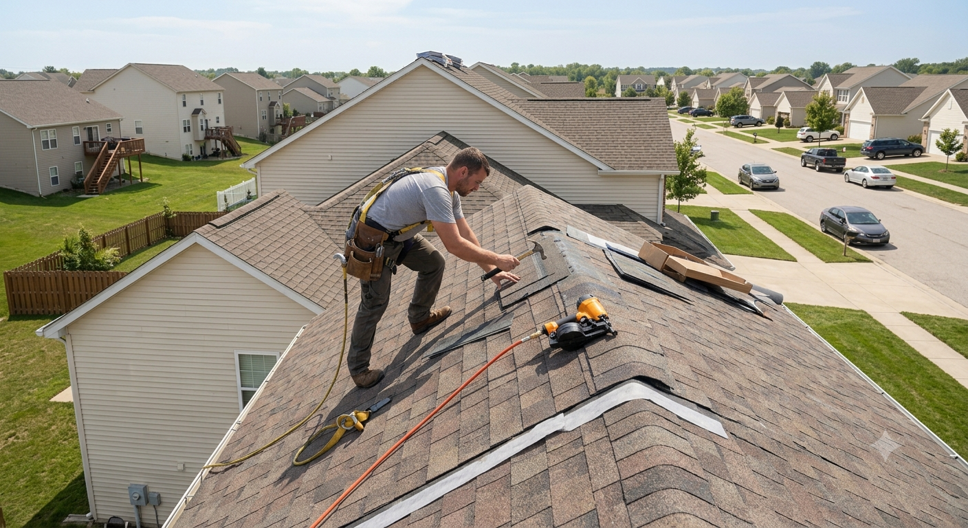 Roofing crew working on a residential roof