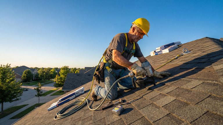 Roofer nailing shingles on a house roof