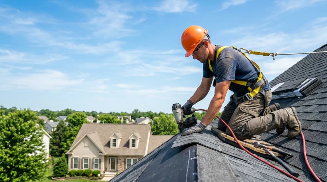 Roofer with nail gun on a steep residential roof