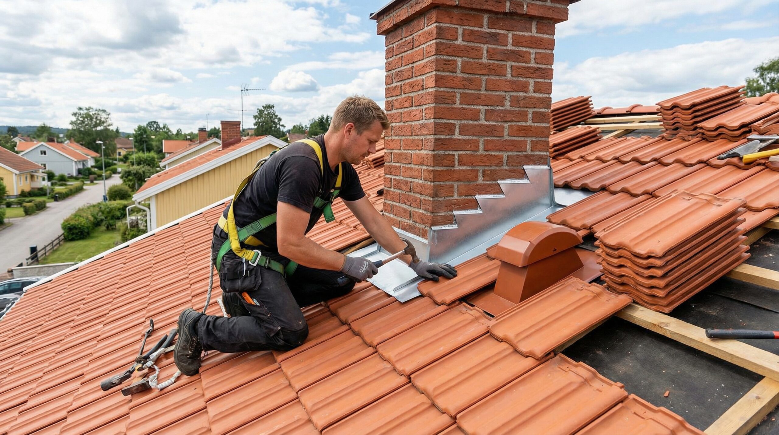 Roofer installing tile roof with proper flashing