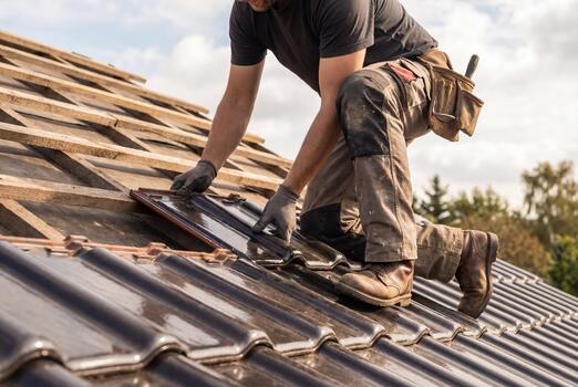 Craftsman installing dark roof tiles