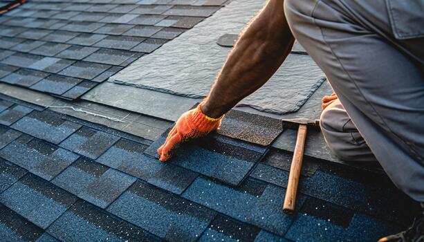 Roofer installing asphalt shingles