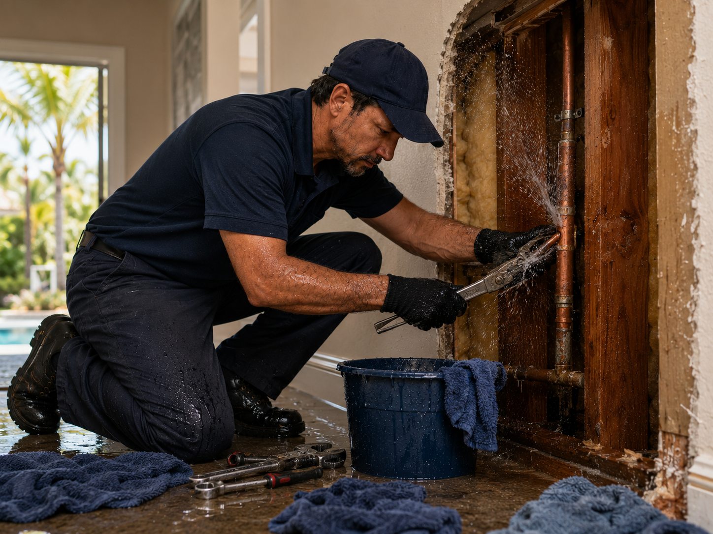 Emergency plumber repairing a burst pipe in a Birmingham home
