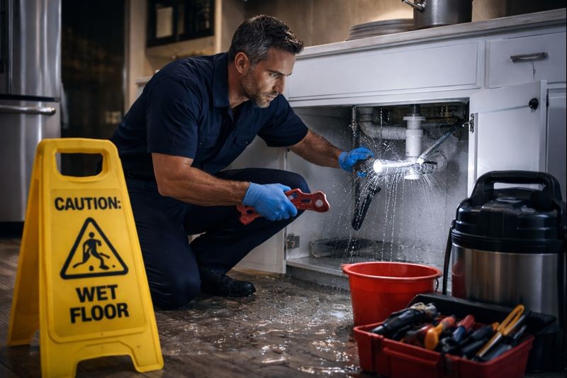 Plumber repairing a leak under a bathroom sink in Birmingham