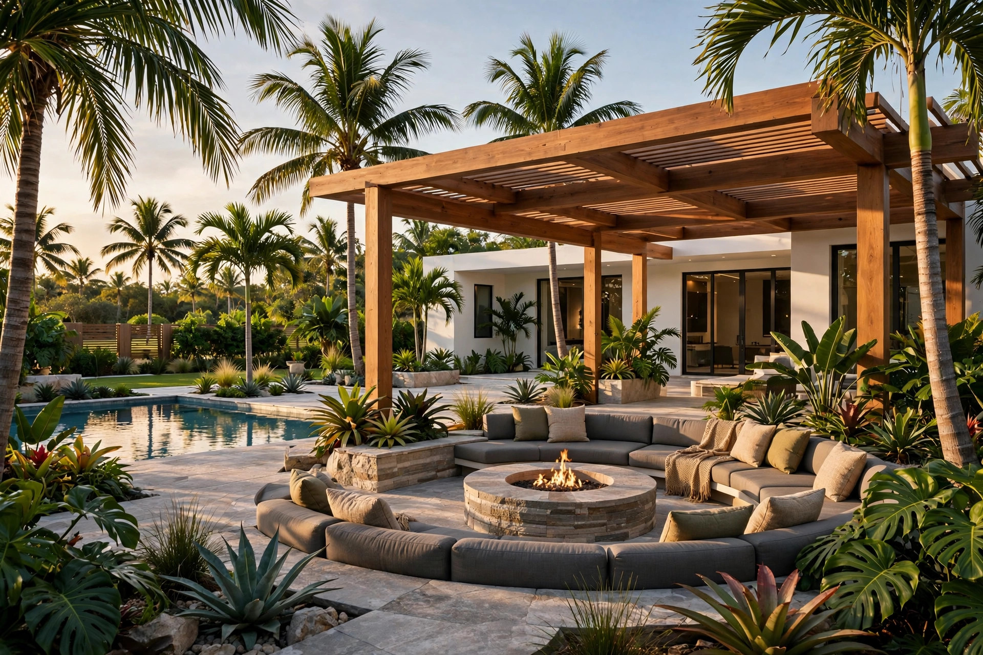 Modern landscaped outdoor living space at golden hour