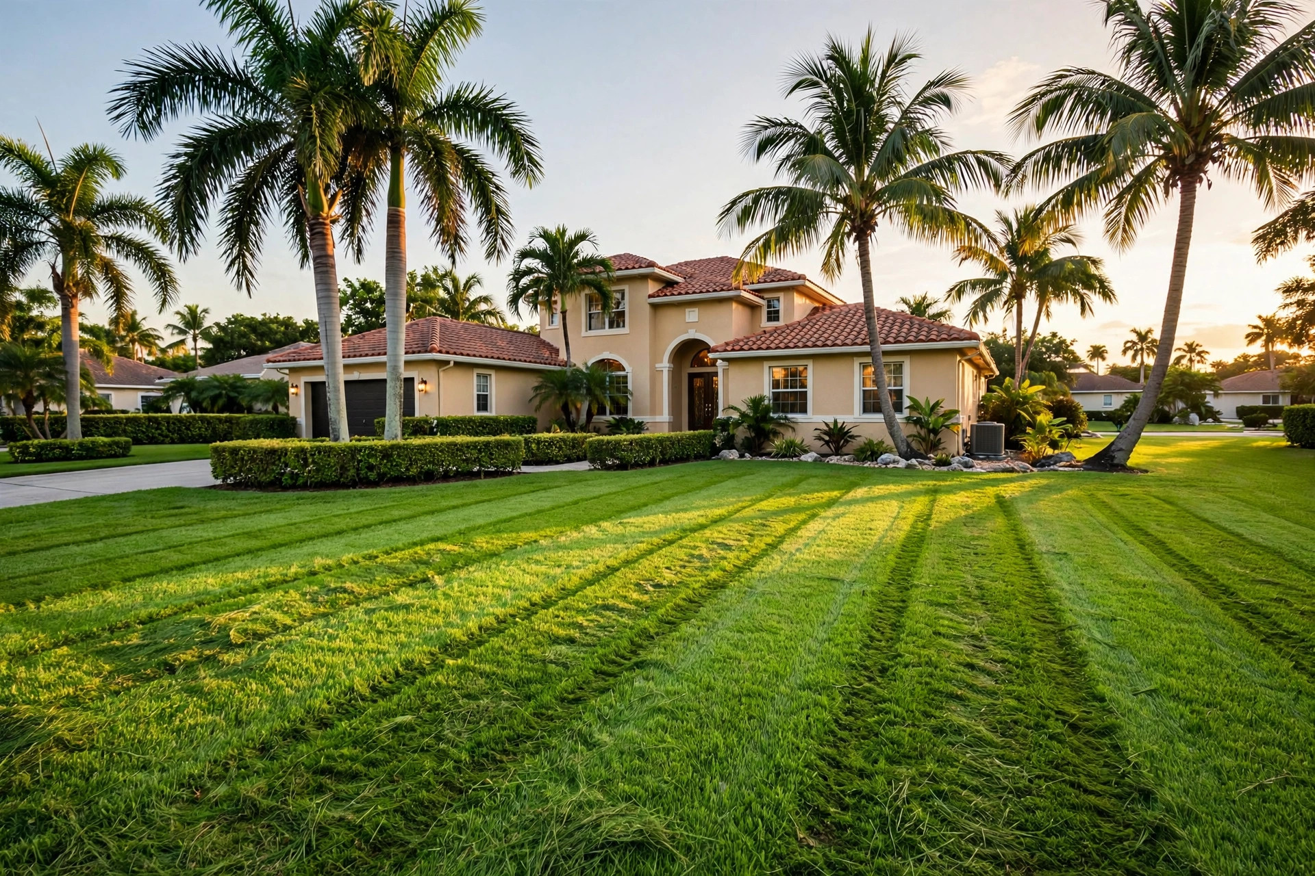 Manicured yard with palm trees
