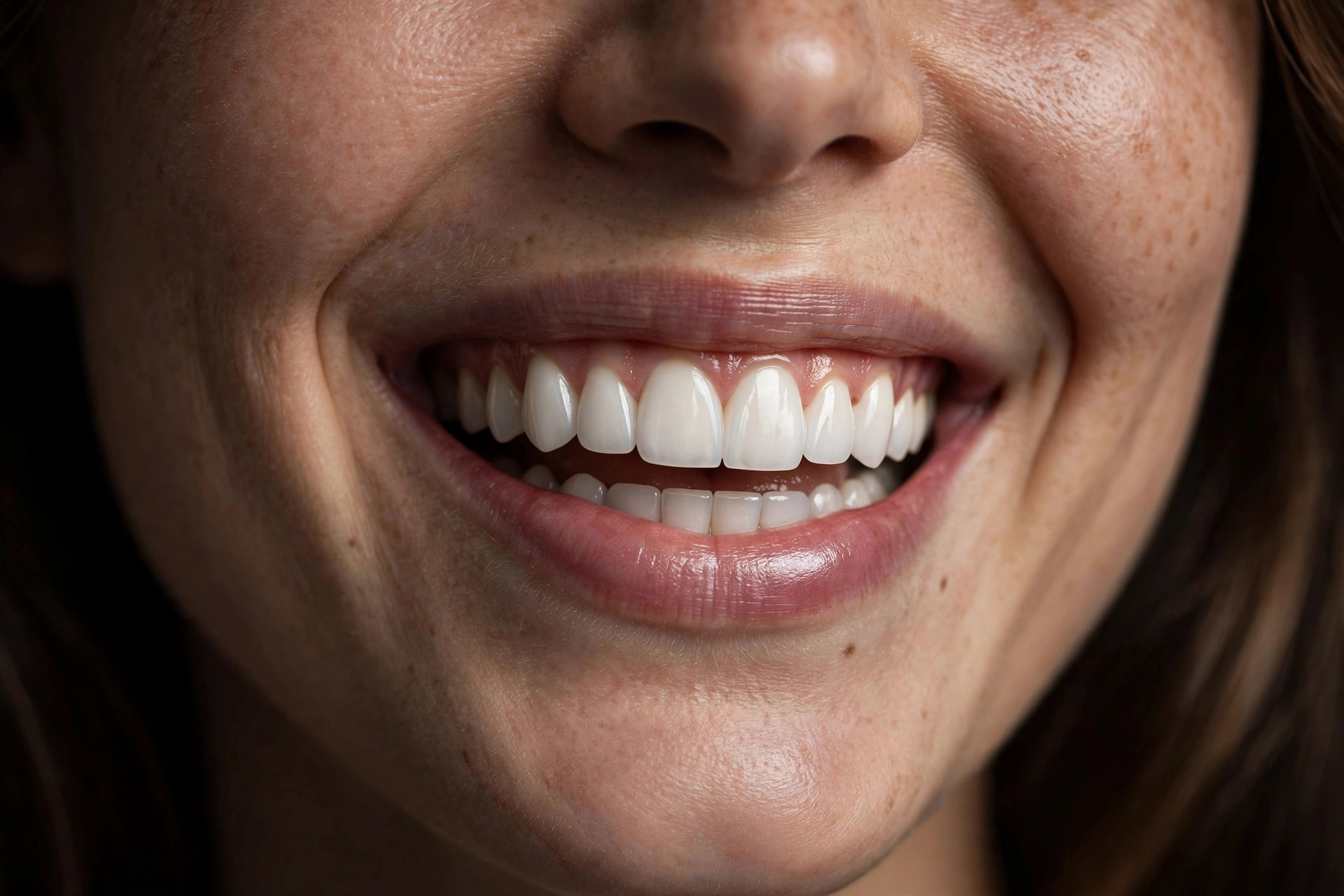 A finished porcelain veneer smile in dramatic soft light