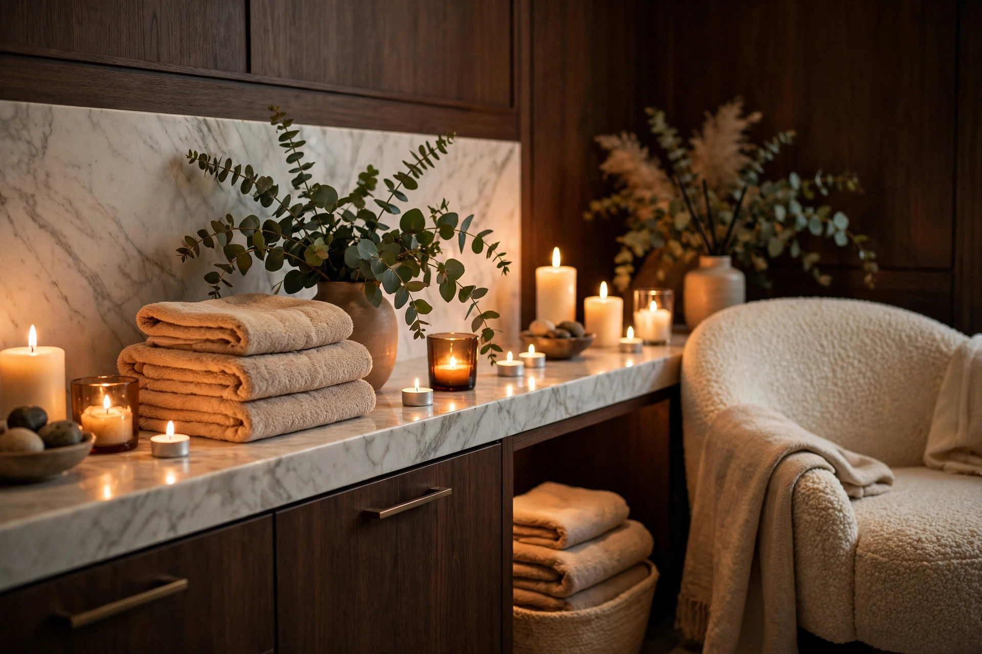 The Atlanta Dental Spa lounge — candle-lit calm, warm towels and eucalyptus