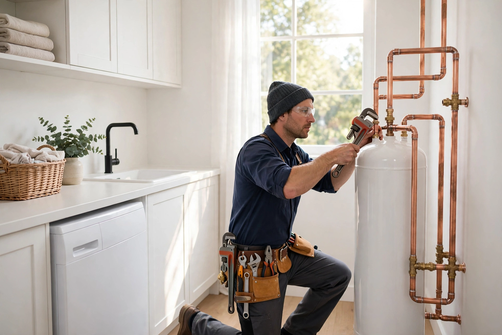 Plumber installing a hot water cylinder