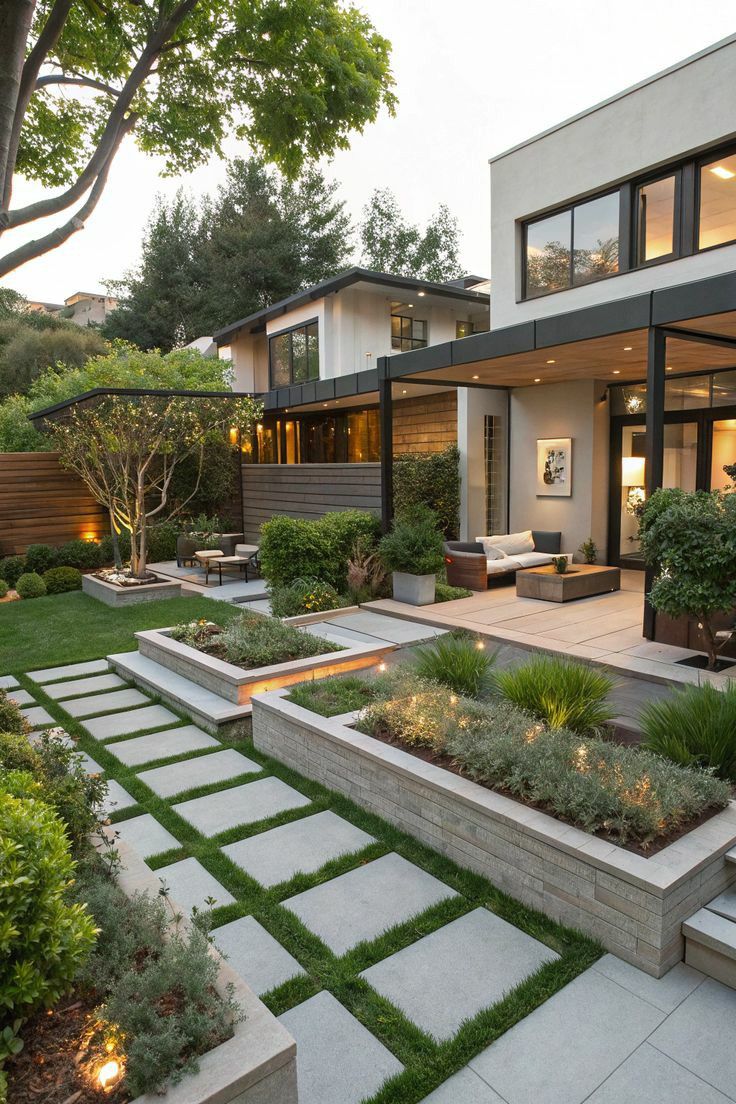 Modern landscaped backyard with stone planters and native plantings