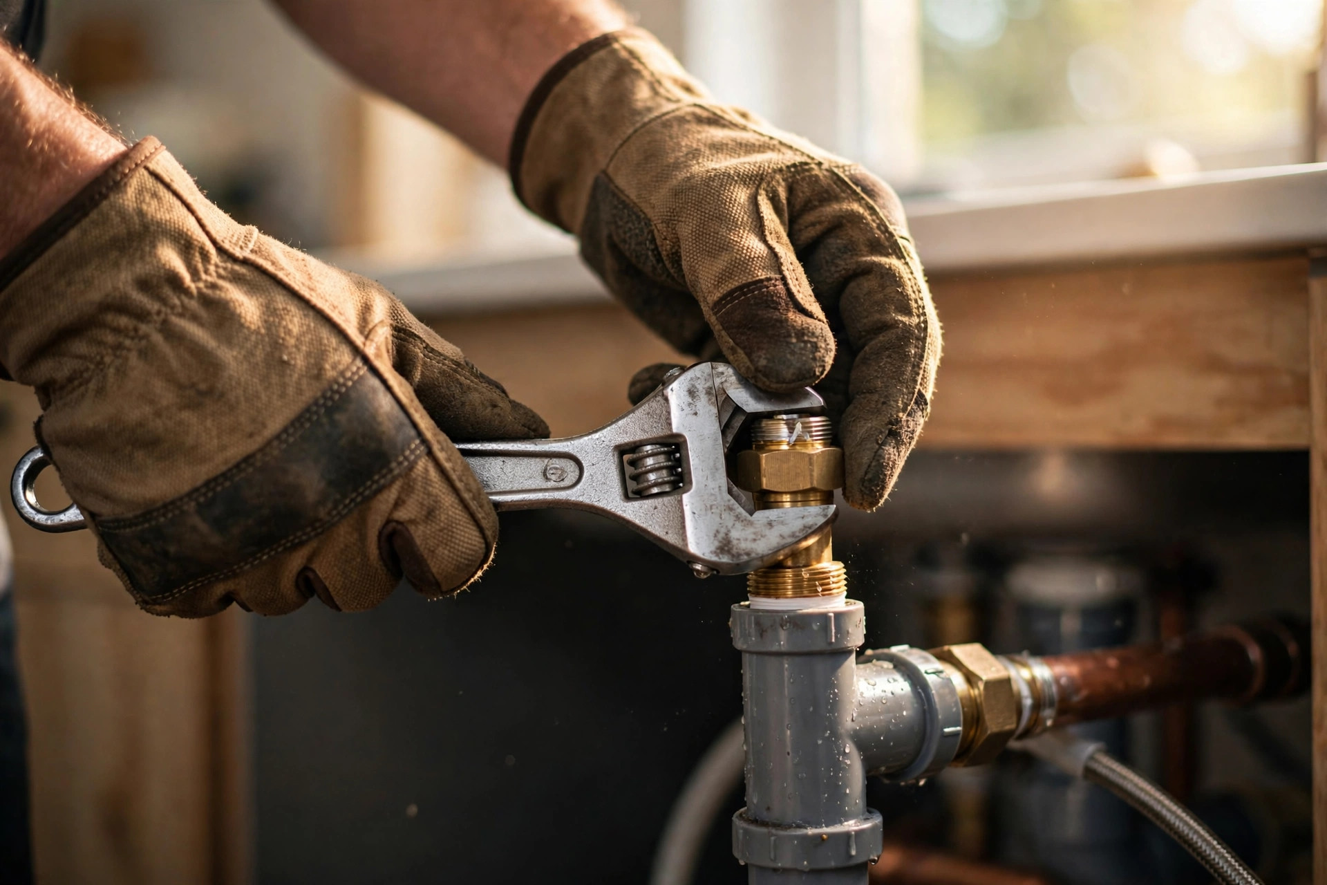 A plumber's gloved hands tightening a pipe fitting under a kitchen sink