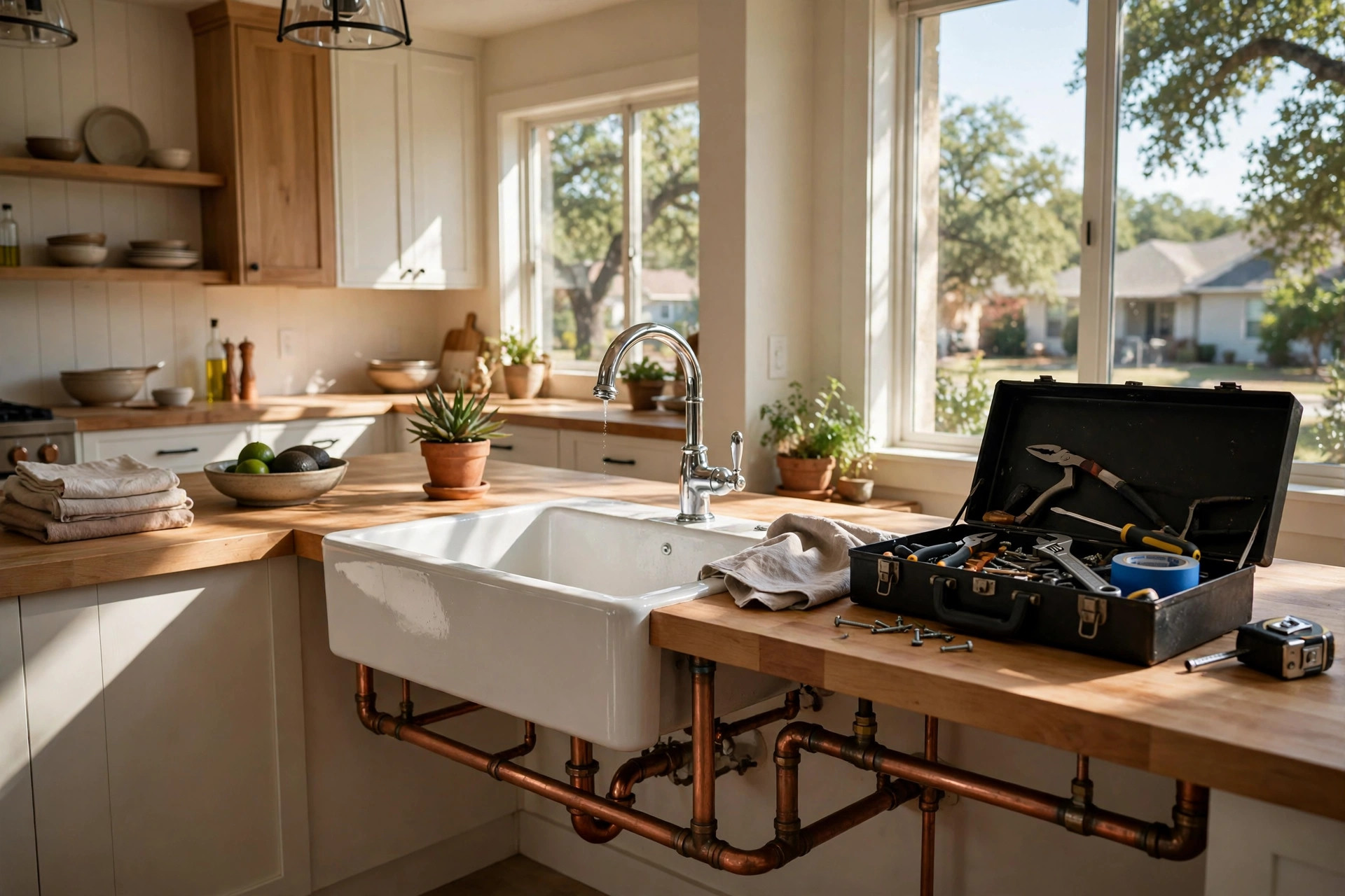 Sunlit Austin kitchen with a farmhouse sink, exposed copper pipes, and a plumber's toolbox on the counter