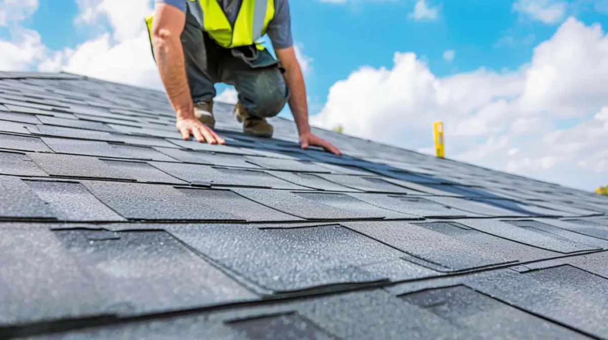 Roofer checking newly installed shingles