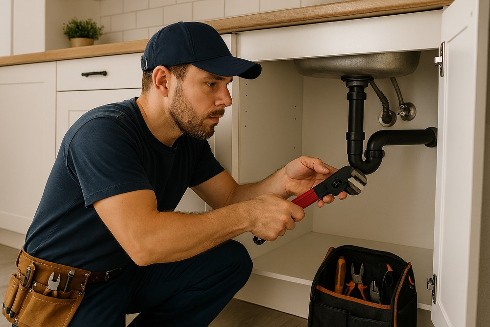 Plumber at work under a kitchen sink