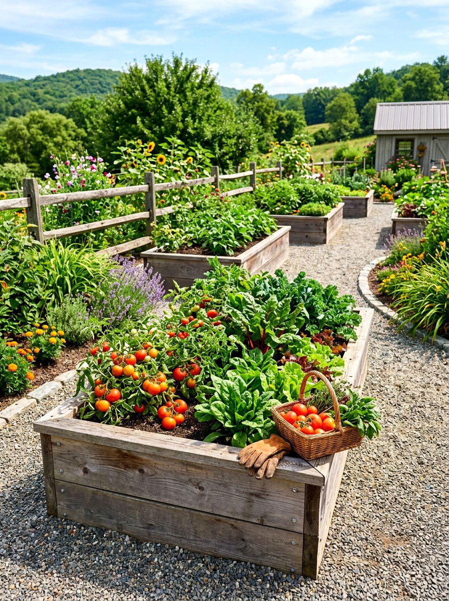 Raised-bed vegetable garden with tomatoes and a harvest basket in summer