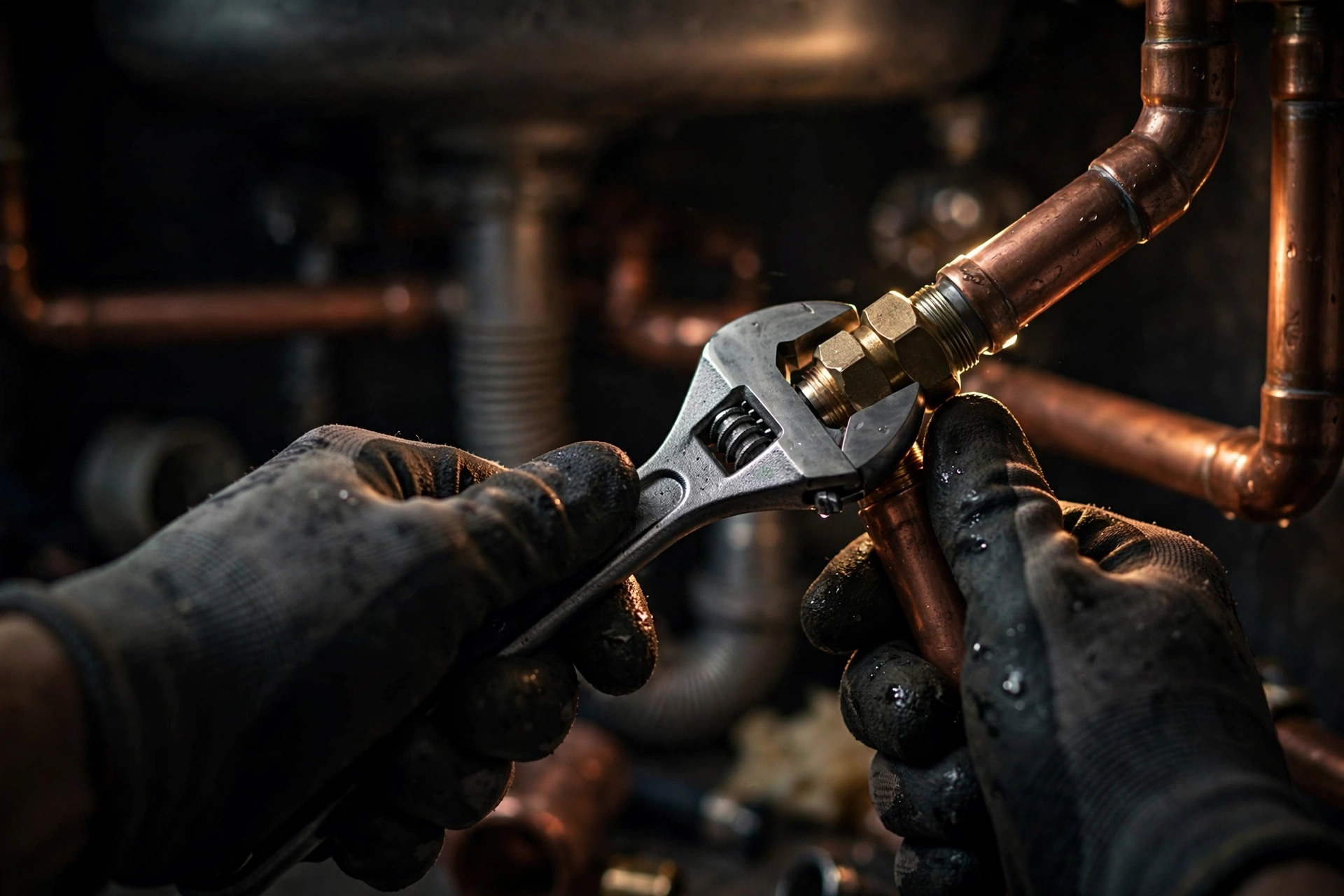 Plumber's hands tightening a brass fitting on copper pipe with a wrench