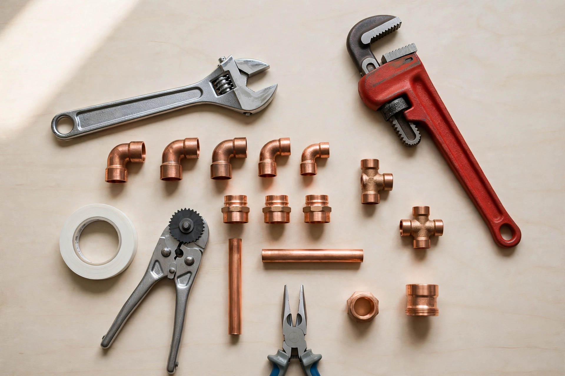Plumber's tools and copper fittings arranged on a workbench