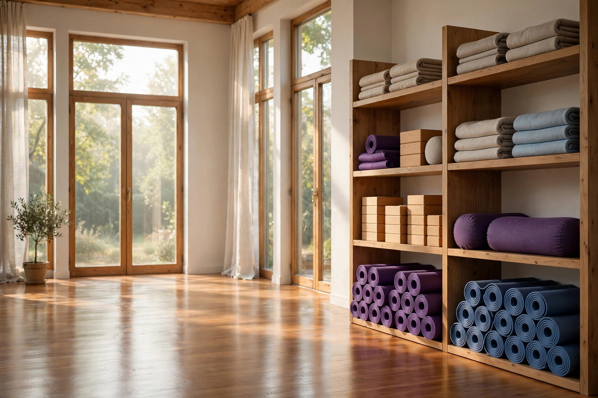 Empty Iyengar yoga studio interior with props along the wall