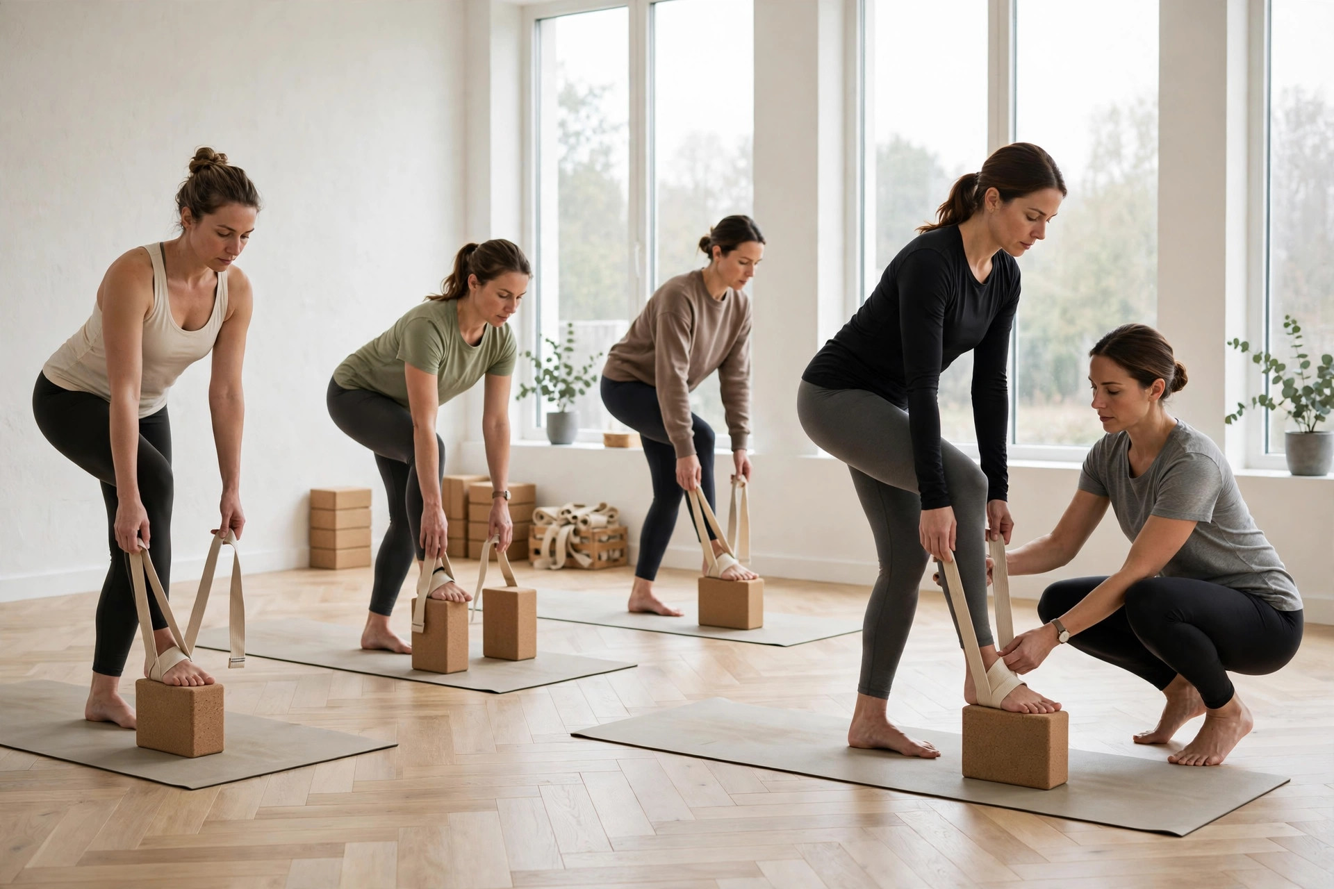 Students practicing triangle pose with wall ropes in the Dallas studio