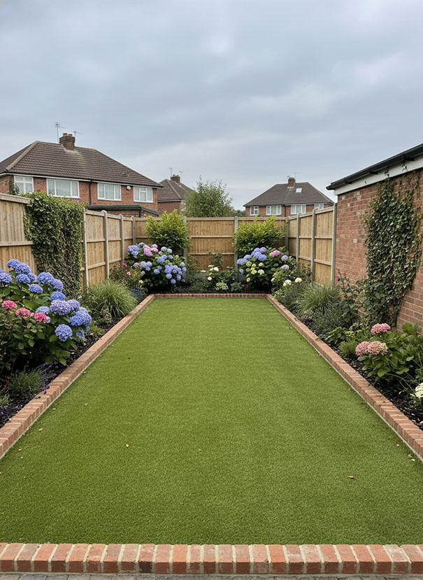 Newly laid lawn beside a paved patio