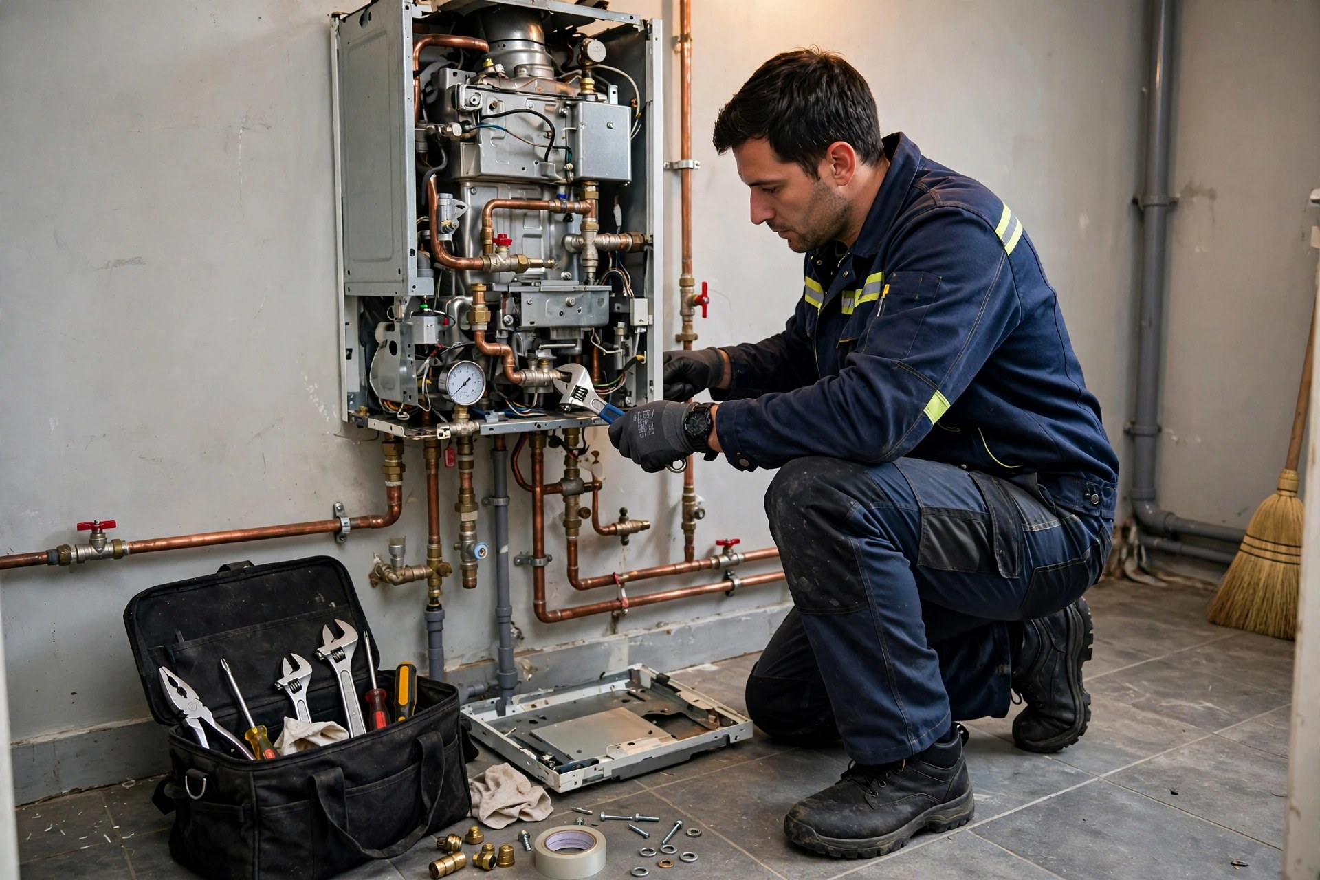 Heating engineer servicing a home boiler in Glasgow