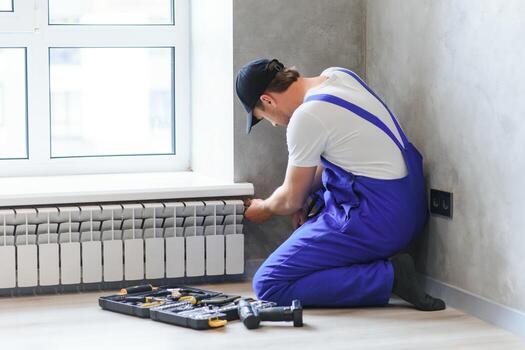 Engineer installing a heating radiator