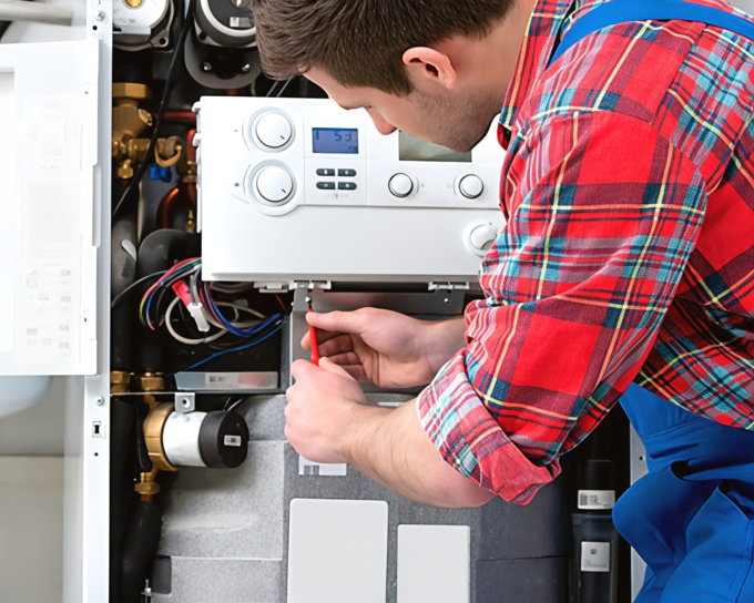 Heating engineer servicing a home boiler