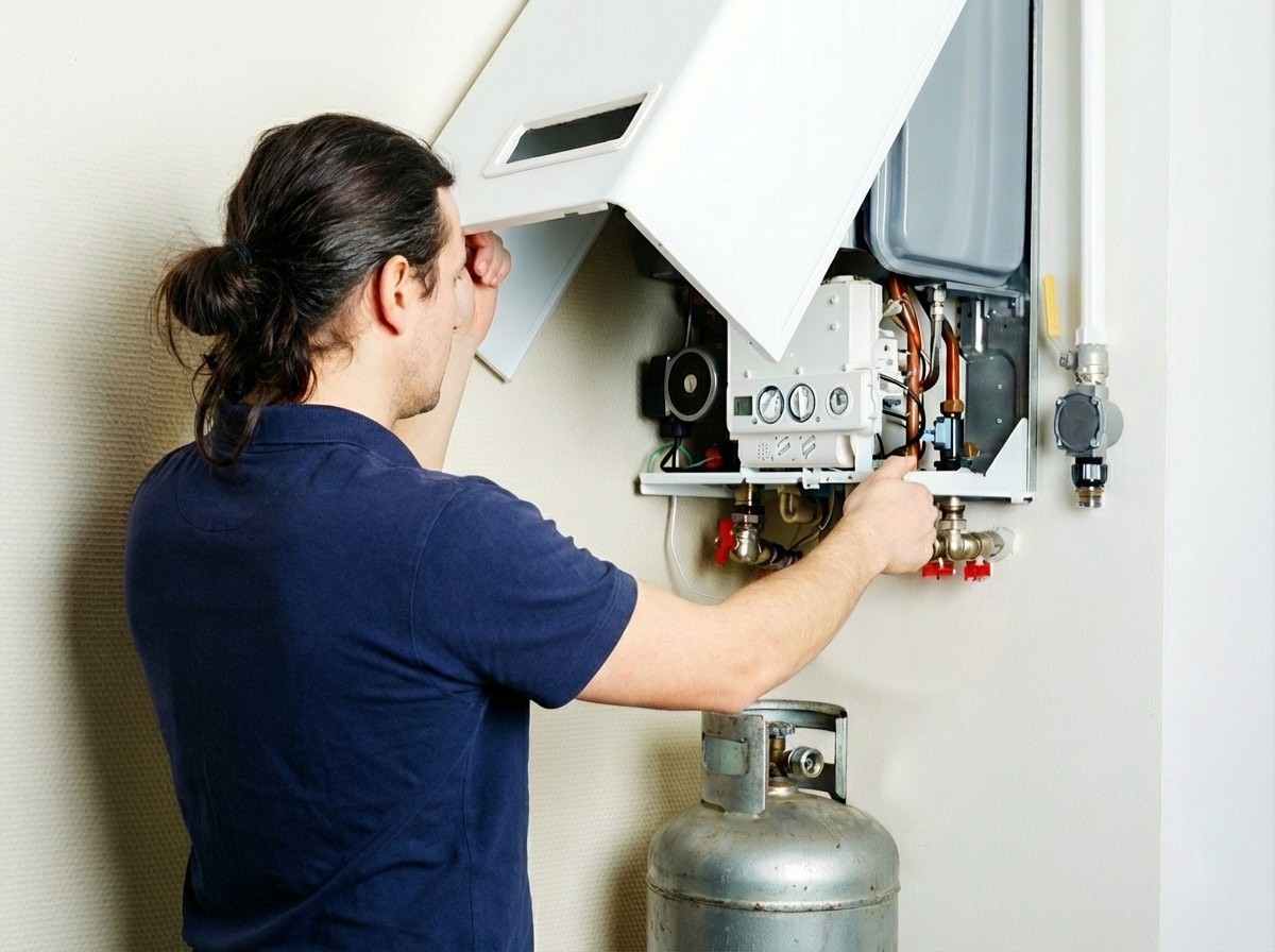 Engineer servicing a wall-mounted boiler